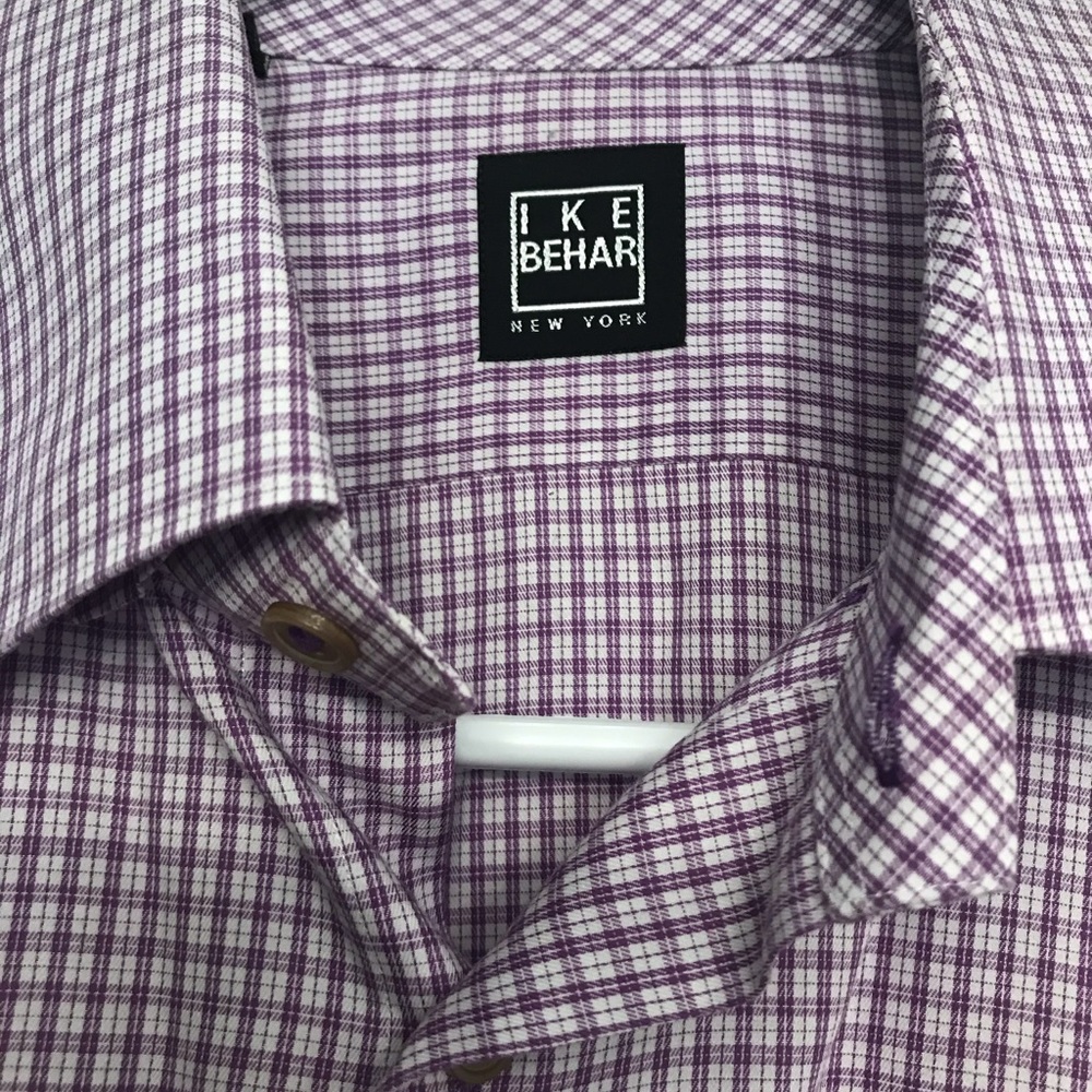 Men’s Ike Behar 100% Cotton White and Purple Checked Shirt - Size Medium